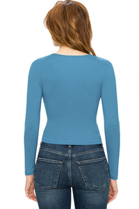 WT1482 Womens Deep V Neck Long Sleeve Cross Wrap Fitted Crop Top