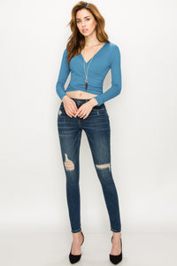 WT1482 Womens Deep V Neck Long Sleeve Cross Wrap Fitted Crop Top