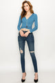 WT1482 Womens Deep V Neck Long Sleeve Cross Wrap Fitted Crop Top