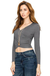 WT1482 Womens Deep V Neck Long Sleeve Cross Wrap Fitted Crop Top