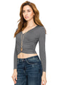 WT1482 Womens Deep V Neck Long Sleeve Cross Wrap Fitted Crop Top