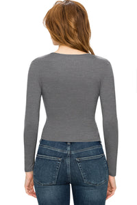 WT1482 Womens Deep V Neck Long Sleeve Cross Wrap Fitted Crop Top