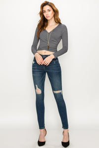 WT1482 Womens Deep V Neck Long Sleeve Cross Wrap Fitted Crop Top
