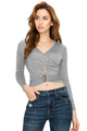 WT1482 Womens Deep V Neck Long Sleeve Cross Wrap Fitted Crop Top