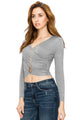 WT1482 Womens Deep V Neck Long Sleeve Cross Wrap Fitted Crop Top