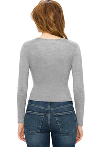 WT1482 Womens Deep V Neck Long Sleeve Cross Wrap Fitted Crop Top