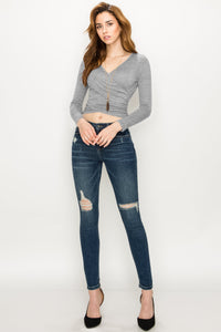 WT1482 Womens Deep V Neck Long Sleeve Cross Wrap Fitted Crop Top