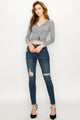 WT1482 Womens Deep V Neck Long Sleeve Cross Wrap Fitted Crop Top