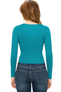 WT1482 Womens Deep V Neck Long Sleeve Cross Wrap Fitted Crop Top