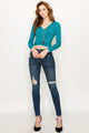 WT1482 Womens Deep V Neck Long Sleeve Cross Wrap Fitted Crop Top