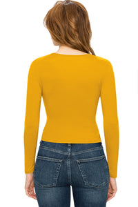 WT1482 Womens Deep V Neck Long Sleeve Cross Wrap Fitted Crop Top