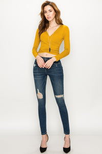 WT1482 Womens Deep V Neck Long Sleeve Cross Wrap Fitted Crop Top