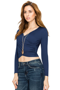 WT1482 Womens Deep V Neck Long Sleeve Cross Wrap Fitted Crop Top