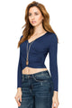 WT1482 Womens Deep V Neck Long Sleeve Cross Wrap Fitted Crop Top