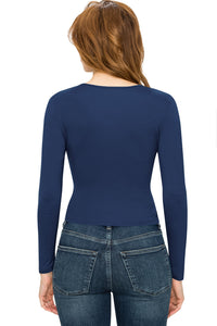 WT1482 Womens Deep V Neck Long Sleeve Cross Wrap Fitted Crop Top