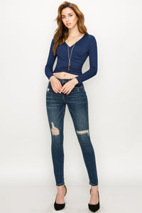 WT1482 Womens Deep V Neck Long Sleeve Cross Wrap Fitted Crop Top