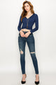 WT1482 Womens Deep V Neck Long Sleeve Cross Wrap Fitted Crop Top