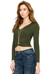 WT1482 Womens Deep V Neck Long Sleeve Cross Wrap Fitted Crop Top