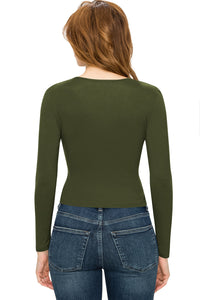 WT1482 Womens Deep V Neck Long Sleeve Cross Wrap Fitted Crop Top