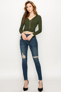 WT1482 Womens Deep V Neck Long Sleeve Cross Wrap Fitted Crop Top