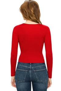 WT1482 Womens Deep V Neck Long Sleeve Cross Wrap Fitted Crop Top
