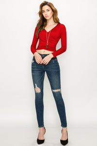 WT1482 Womens Deep V Neck Long Sleeve Cross Wrap Fitted Crop Top
