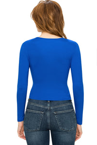 WT1482 Womens Deep V Neck Long Sleeve Cross Wrap Fitted Crop Top