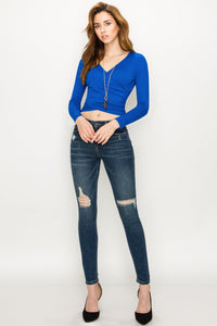 WT1482 Womens Deep V Neck Long Sleeve Cross Wrap Fitted Crop Top