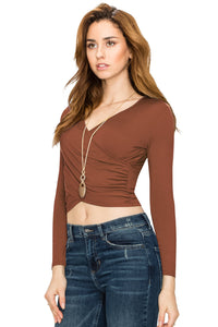 WT1482 Womens Deep V Neck Long Sleeve Cross Wrap Fitted Crop Top