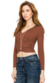 WT1482 Womens Deep V Neck Long Sleeve Cross Wrap Fitted Crop Top