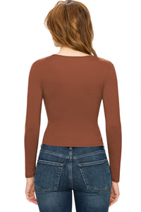 WT1482 Womens Deep V Neck Long Sleeve Cross Wrap Fitted Crop Top