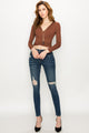 WT1482 Womens Deep V Neck Long Sleeve Cross Wrap Fitted Crop Top