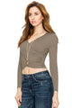WT1482 Womens Deep V Neck Long Sleeve Cross Wrap Fitted Crop Top