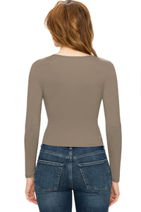 WT1482 Womens Deep V Neck Long Sleeve Cross Wrap Fitted Crop Top
