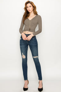 WT1482 Womens Deep V Neck Long Sleeve Cross Wrap Fitted Crop Top
