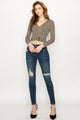 WT1482 Womens Deep V Neck Long Sleeve Cross Wrap Fitted Crop Top