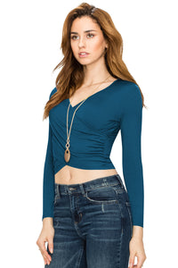 WT1482 Womens Deep V Neck Long Sleeve Cross Wrap Fitted Crop Top