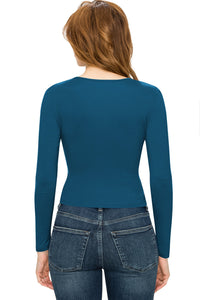 WT1482 Womens Deep V Neck Long Sleeve Cross Wrap Fitted Crop Top