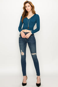WT1482 Womens Deep V Neck Long Sleeve Cross Wrap Fitted Crop Top