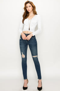 WT1482 Womens Deep V Neck Long Sleeve Cross Wrap Fitted Crop Top