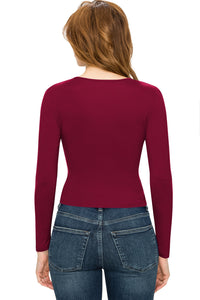 WT1482 Womens Deep V Neck Long Sleeve Cross Wrap Fitted Crop Top