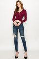 WT1482 Womens Deep V Neck Long Sleeve Cross Wrap Fitted Crop Top