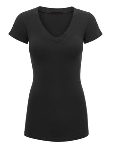 WT1606 Womens Basic Fitted Short Sleeve V-Neck T Shirt
