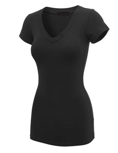 WT1606 Womens Basic Fitted Short Sleeve V-Neck T Shirt