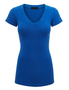 WT1606 Womens Basic Fitted Short Sleeve V-Neck T Shirt