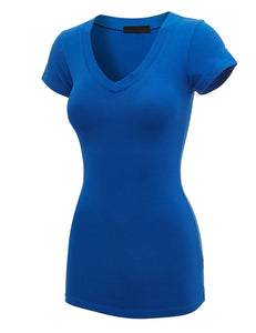 WT1606 Womens Basic Fitted Short Sleeve V-Neck T Shirt