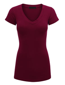 WT1606 Womens Basic Fitted Short Sleeve V-Neck T Shirt