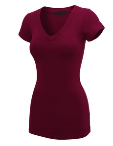 WT1606 Womens Basic Fitted Short Sleeve V-Neck T Shirt