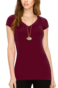 WT1606 Womens Basic Fitted Short Sleeve V-Neck T Shirt