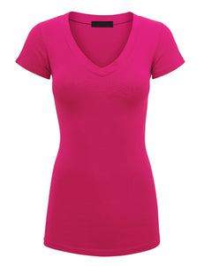 WT1606 Womens Basic Fitted Short Sleeve V-Neck T Shirt
